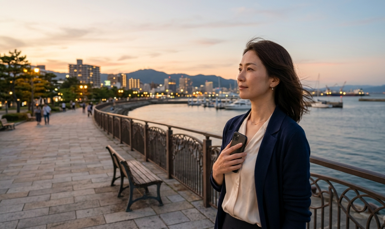 泉佐野の海沿いをイメージした場所でスマホを持つ大人の女性