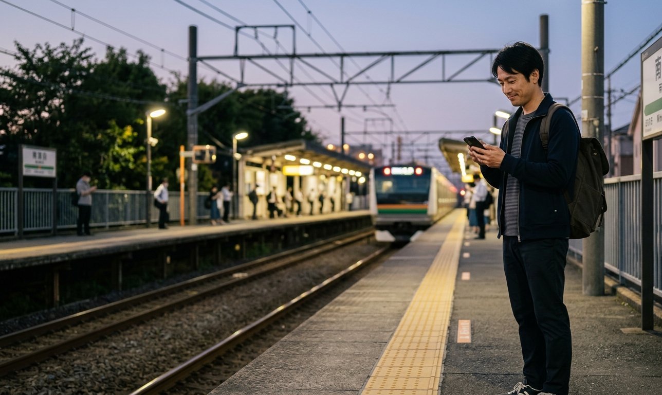地方の駅ホームでスマホを見ながら出会いを探す男性
