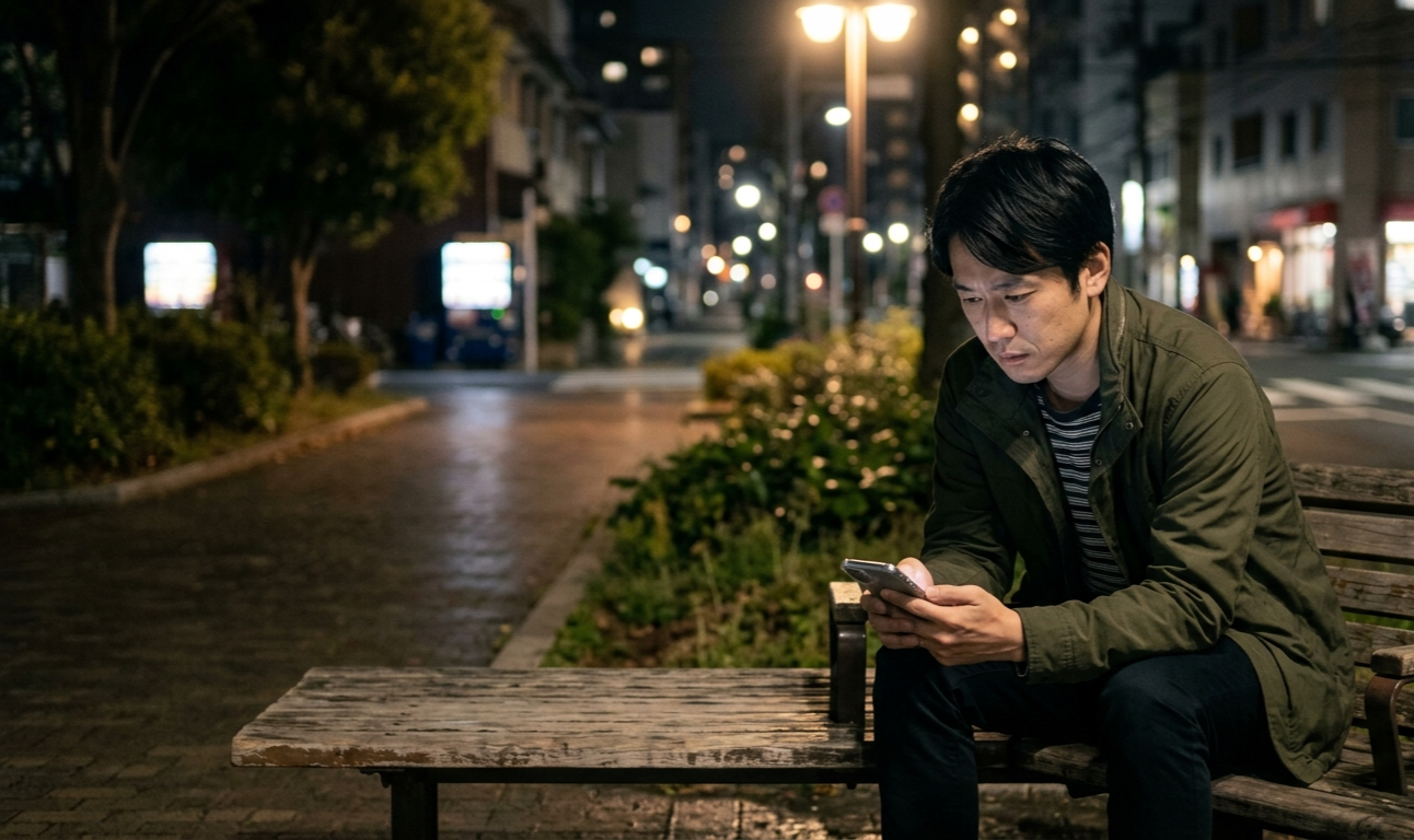 夜の街でスマホを見ながら出会い系の返信に悩む男性
