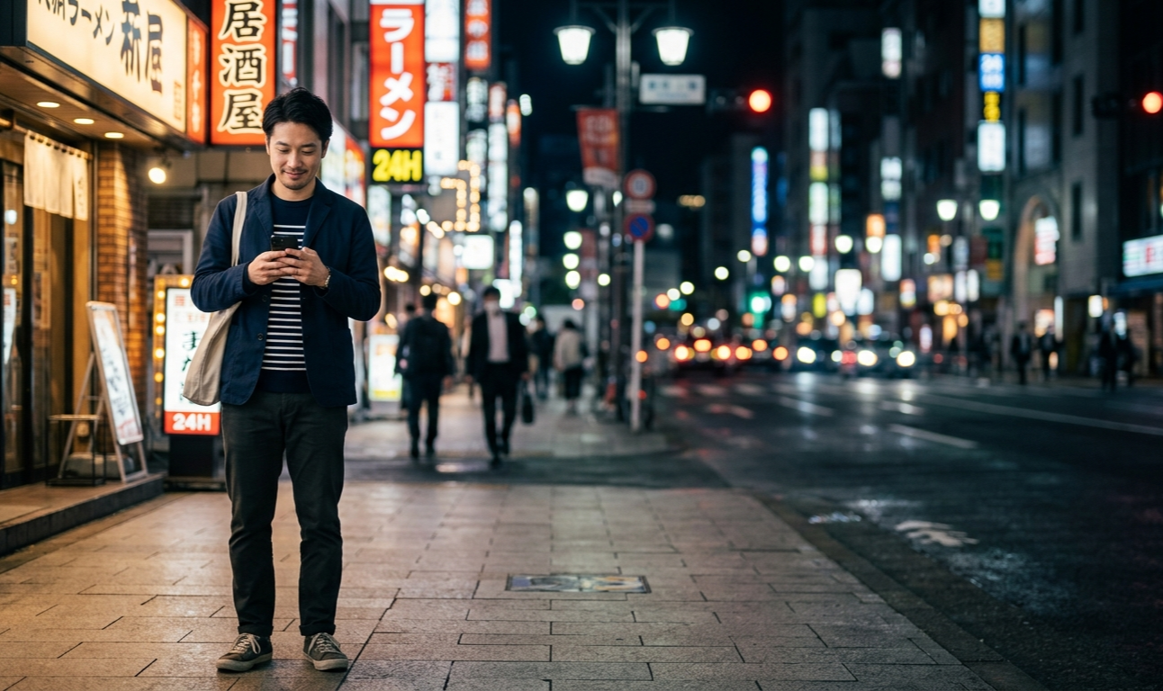 夜の街でスマホを見ながら出会いを探す男性